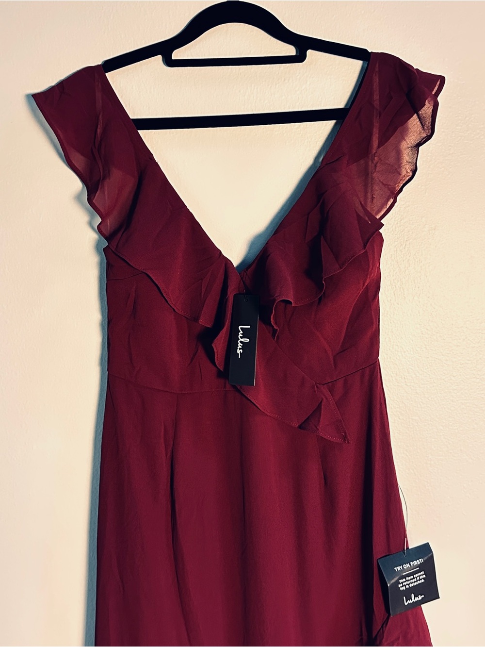Lulu's Charming Event Burgundy Asymmetrical Ruffled Maxi Dress Small Wedding NWT - Picture 7 of 12